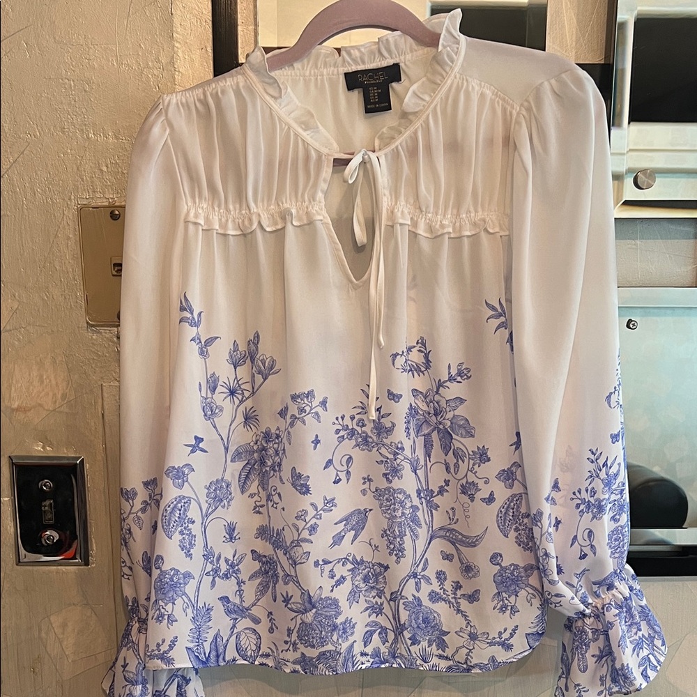 RACHEL Rachel Roy White and Blue Floral Blouse